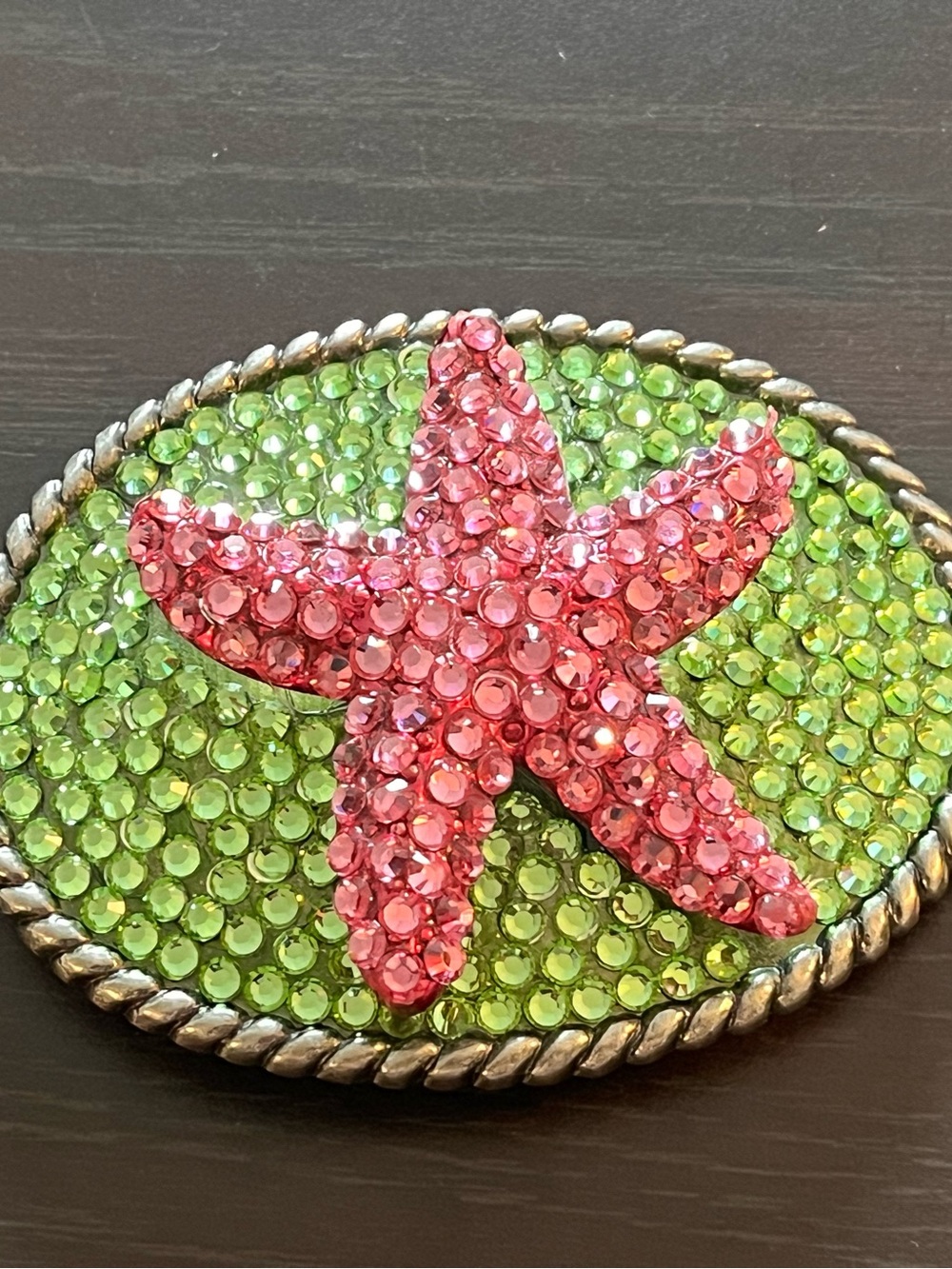 Women’s Neon Pink Green Star Fish Belt Buckle Rhinestone Large